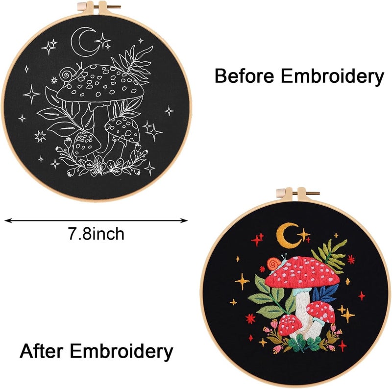 Nuberlic Mushroom Embroidery Kits for Beginner Adults Cross Stitch Kit with Stamped Pattern Include Cloth Hoops Threads Needles - Image 3